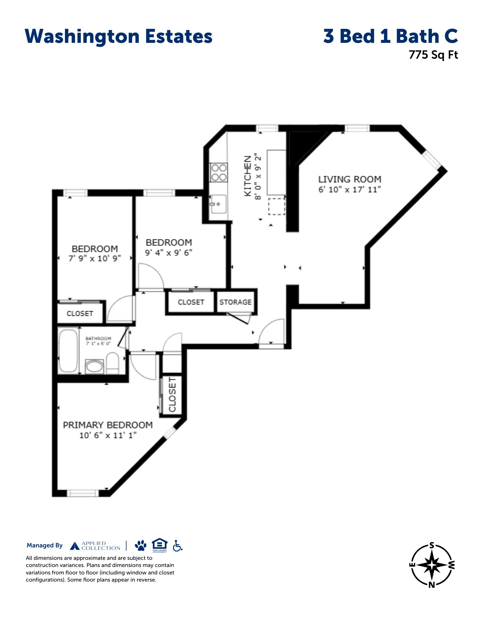 Floor plan for 3 beds, 1 bath, 775 sqft